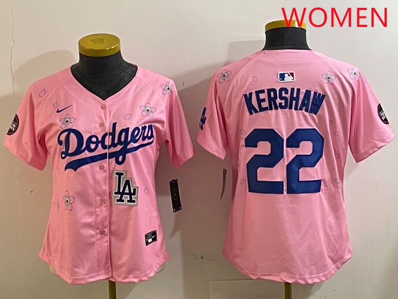 Women Los Angeles Dodgers #22 Kershaw Pink White Blue Sakura Edition 2025 Nike MLB Jersey style 10